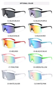 Detailed view of colorful one-piece frame cycling sunglasses in various multi-color choices.