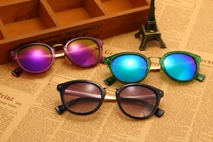 Detailed shot of multi-color reflective sunglasses, stylish retro frames, perfect summer wear.