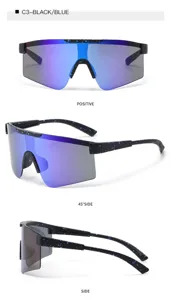 Detailed view of blue reflective shield cycling sunglasses with black blue splatter frame design.
