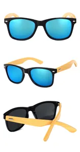 Gafas de sol retro ecológicas con patillas de bambú lentes reflectantes azules y montura negra.
