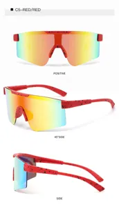 Detailed view of kids sports cycling sunglasses, colorful one-piece lens, red splatter frame.