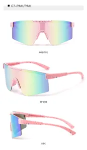 Kids sports cycling sunglasses with pink splatter frame and colorful reflective shield lens.
