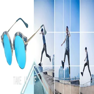 Women retro vintage sunglasses with blue mirror lenses, stylish metal frame fashion eyewear.