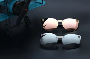 Detail view of gothic style unisex sunglasses with reflective lenses and skull metal decorations.