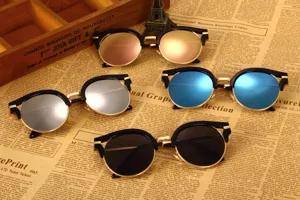 Women retro half-frame sunglasses with colorful reflective lenses trendy eyewear display
