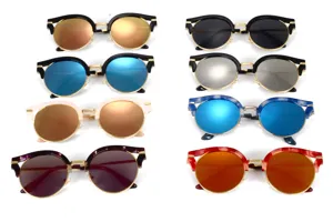 Vintage round metal half frame sunglasses for women with multiple colorful mirrored lenses.