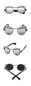 Close-up details of stylish round metal sunglasses showing unique cat-ear frame and cutout temples.