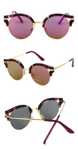 Detailed view of retro round women sunglasses with purple tortoise frame and colored lenses.