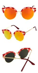 Detailed multi-angle views of women vintage sunglasses with red brow and gold frames.