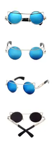 Trendy retro round metal sunglasses with blue reflective lenses, ideal for street fashion unisex wear.