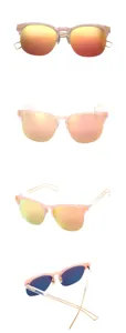 Pink half-frame sunglasses detail view, metal cutout temples and colorful mirrored lenses.