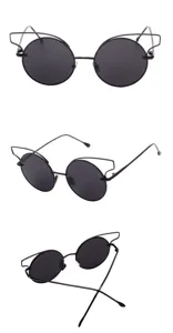Détails de lunettes de soleil rondes à œil de chat géométrique unique, verres noirs chics.