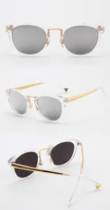 Transparent frame sunglasses with metal temples and reflective lenses for stylish daily wear.