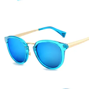 Blue round frame sunglasses with gold metal temples and reflective lenses for women and men.