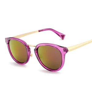 Fashion colorful reflective sunglasses for men and women, stylish purple frame with gold temples.