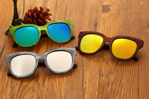 Detailed shot of retro square wooden texture sunglasses with vibrant colorful reflective lenses.