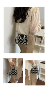 Fashionable beaded chain crossbody bag featuring a chic silver metallic net overlay and black pouch.