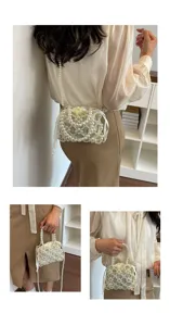 Details of elegant pearl beaded handbag, showing stylish crossbody wear and chic design.