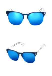 Detailed view of fashion sunglasses with blue mirrored lenses and hollow metal temples.