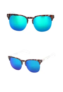 Detailed view of fashion half-frame sunglasses with tortoise browline and blue mirror lenses.