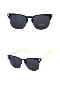 Detailed view of fashion half-frame sunglasses with neon green hollow temples and UV400 lenses.