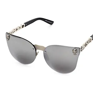 Gothic oversized sunglasses with reflective lenses and skull decorations for street fashion.
