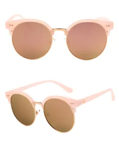 Occhiali da sole eleganti con montatura tonda rosa e lenti colorate per tutti i giorni.