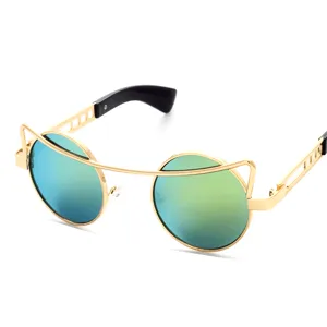 Fashion gold metal round cat eye sunglasses for men and women street style trendy shades