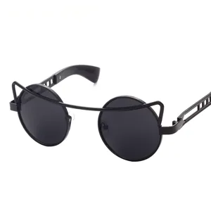 Stylish black round sunglasses with unique cat ear metal frame design for street fashion wear.