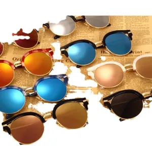 Retro half-frame metal sunglasses with colorful reflective lenses for women and wholesale.