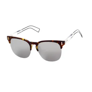 Fashionable tortoise browline sunglasses with silver reflective lenses and minimalist temples.