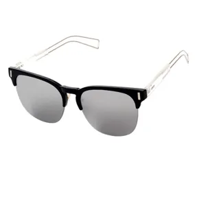 Stylish half-frame sunglasses with silver reflective lenses and hollow metal temples.