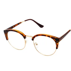 Retro metal half-rim clear lens glasses frame for men and women, stylish optical eyewear design.