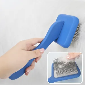 Professional pet slicker brush with ergonomic wooden handle and fine metal pins for cats and dogs.