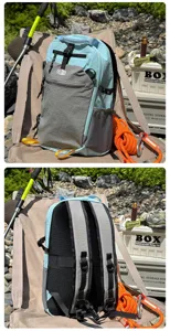 Detailed front and back views of a blue and gray nylon outdoor hiking sports backpack