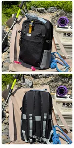 Front and back detail of a durable black nylon outdoor travel backpack with grey accents
