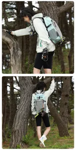 Detailed outdoor view of a stylish color-block nylon backpack for hiking and travel