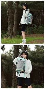 Model carrying a color-block outdoor backpack during a hiking trip in the forest.
