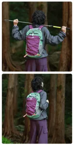 Detailed view of the outdoor hiking nylon backpack with color-blocking design in a forest