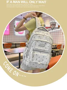 Grey star pattern large capacity schoolbag for girls, casual style