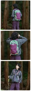 Model wearing a purple and green nylon outdoor backpack in a scenic forest setting.
