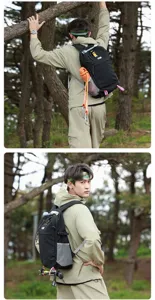 Male model wearing a black outdoor nylon hiking backpack in a natural forest setting