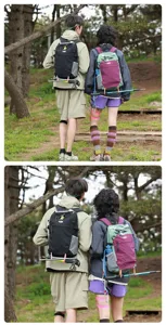 Detail of lightweight nylon hiking backpacks with trekking pole attachments in forest