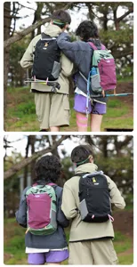 Detail view of colorful nylon hiking backpacks used during an outdoor forest trek
