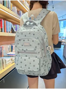 Detailed back view of a large cute star pattern school backpack in a library setting