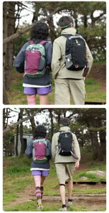 Back view of models wearing color-block and black nylon hiking backpacks outdoors
