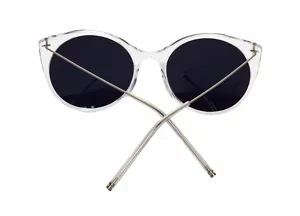 Clear transparent cat-eye sunglasses frame detail with stylish silver crossed metal temples.