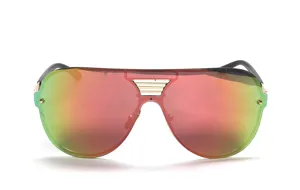 Trendy oversized one-piece shield sunglasses with colorful mirror lens and metallic bridge