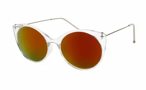 Transparent frame cat eye sunglasses with vibrant colorful reflective lenses detail.