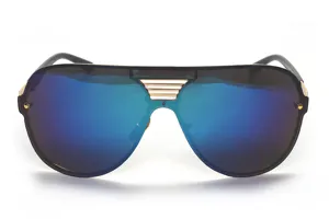 Oversized one-piece sunglasses with striking blue mirror lenses and chic gold metal details.